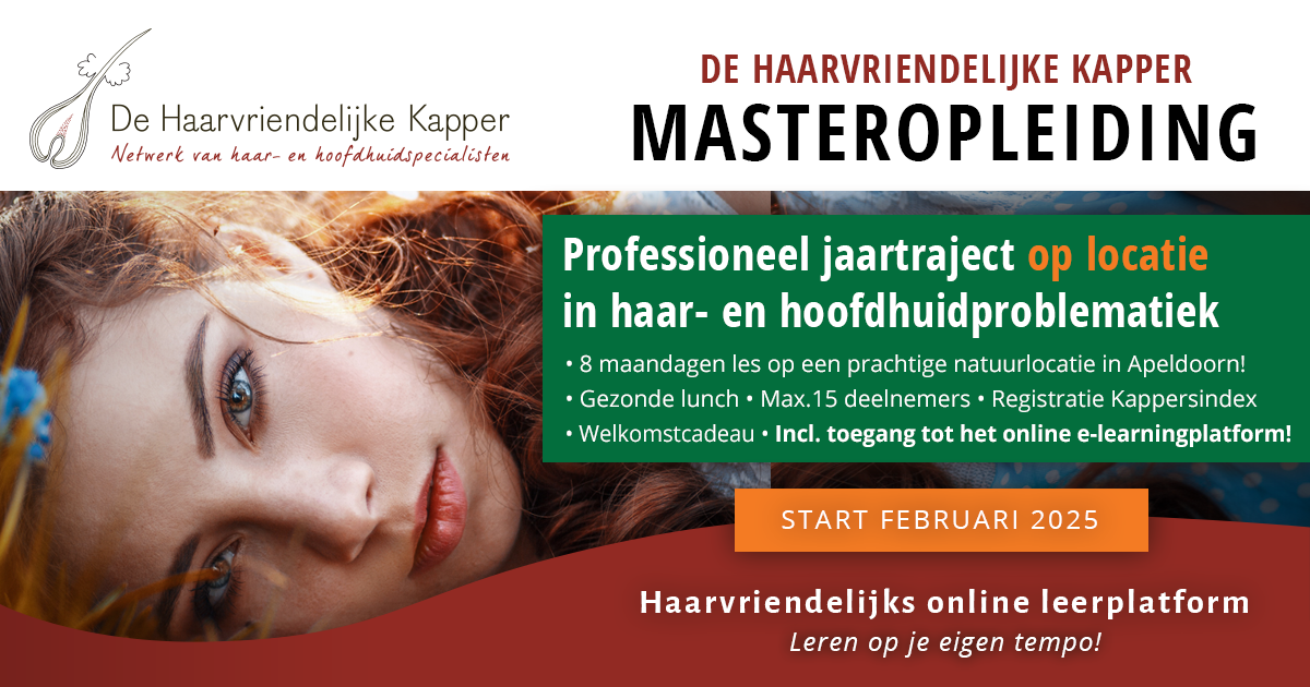 Banner voor de Masteropleiding ‘De Haarvriendelijke Kapper’ hybride formaat: een combinatie van online en op locatie in Apeldoorn.